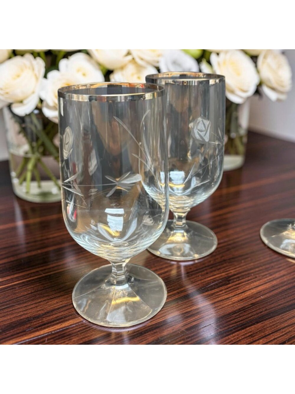 Set of 6 Vintage Crystal Goblets with Platinum Rim and Wheel-Cut Rose Etching, L - Picture 3 of 5